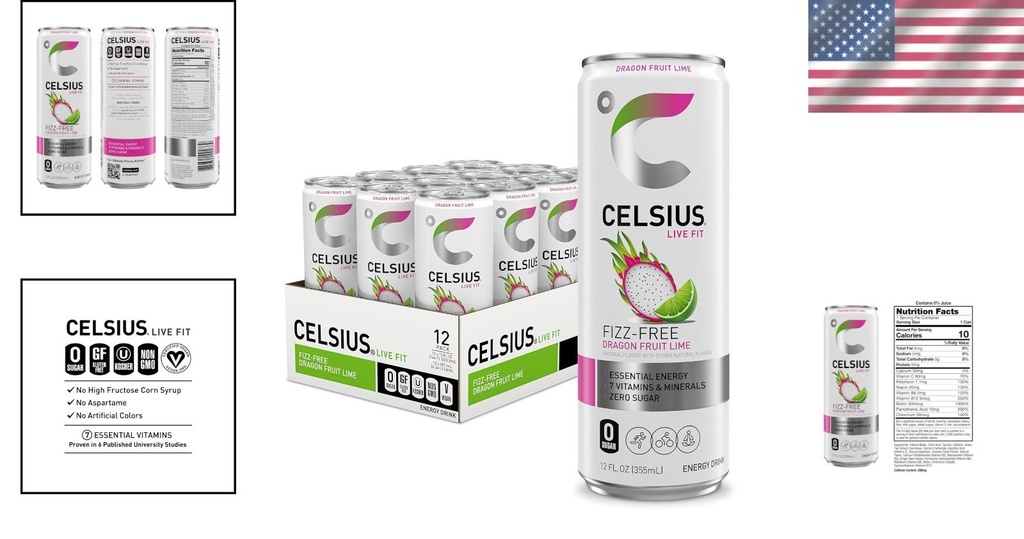 Sugar-Free Fizz Free Dragon Fruit Lime Drink - 200mg Caffeine, 12 Fl Oz X 12