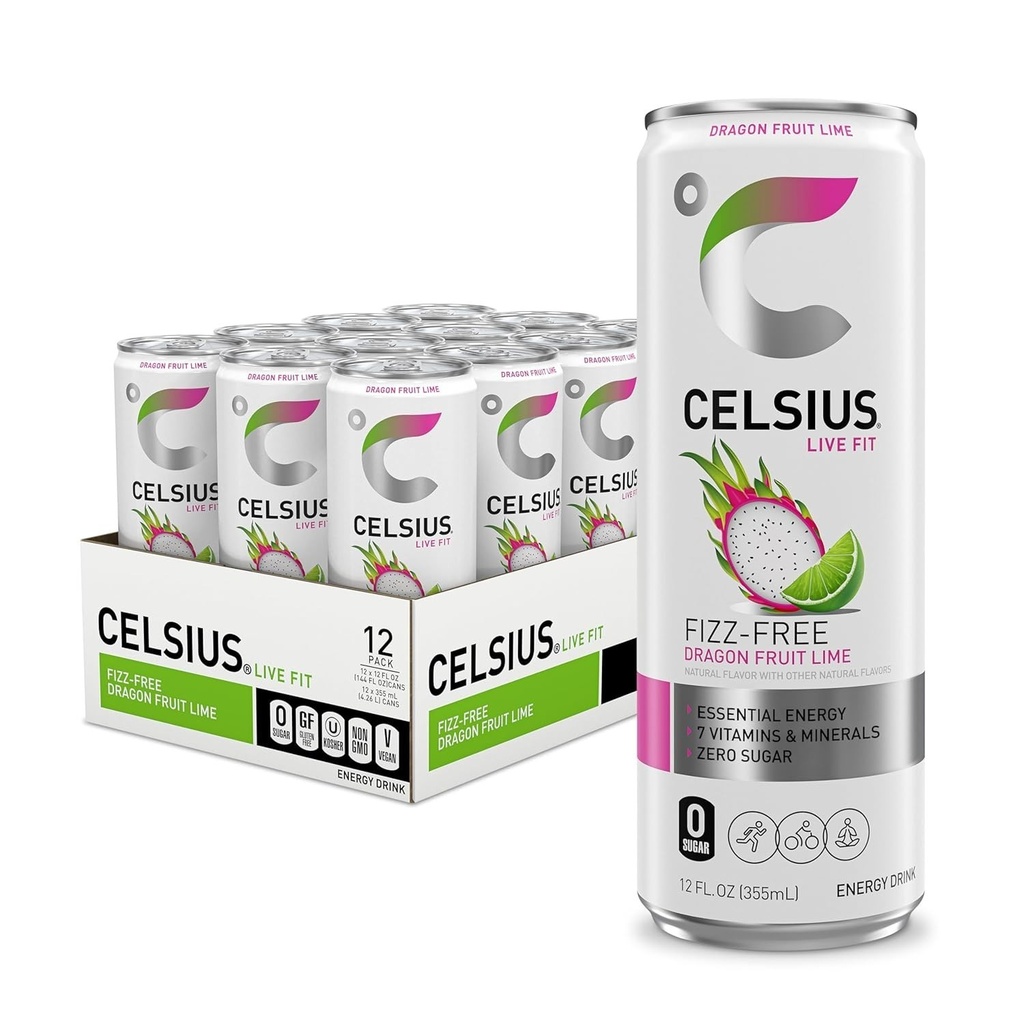 Sugar-Free Fizz Free Dragon Fruit Lime Drink - 200mg Caffeine, 12 Fl Oz X 12