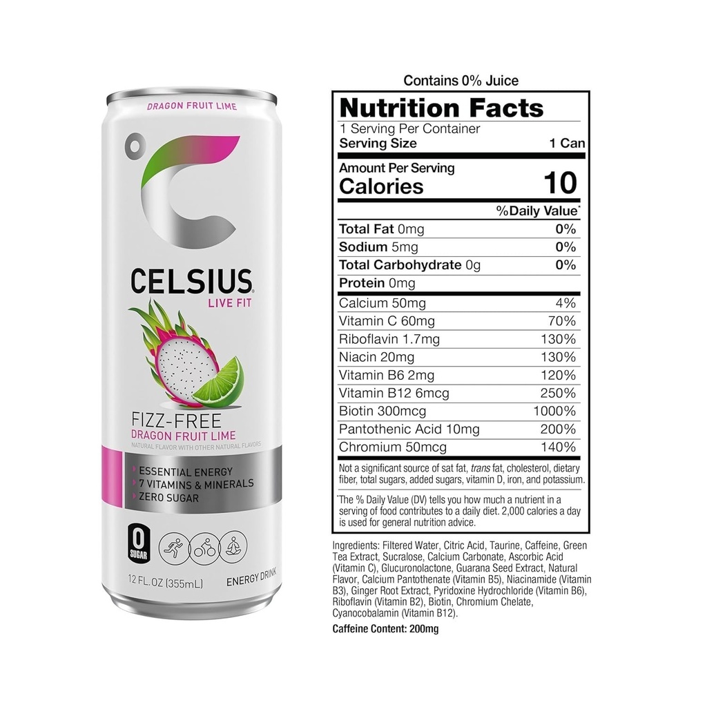 Sugar-Free Fizz Free Dragon Fruit Lime Drink - 200mg Caffeine, 12 Fl Oz X 12