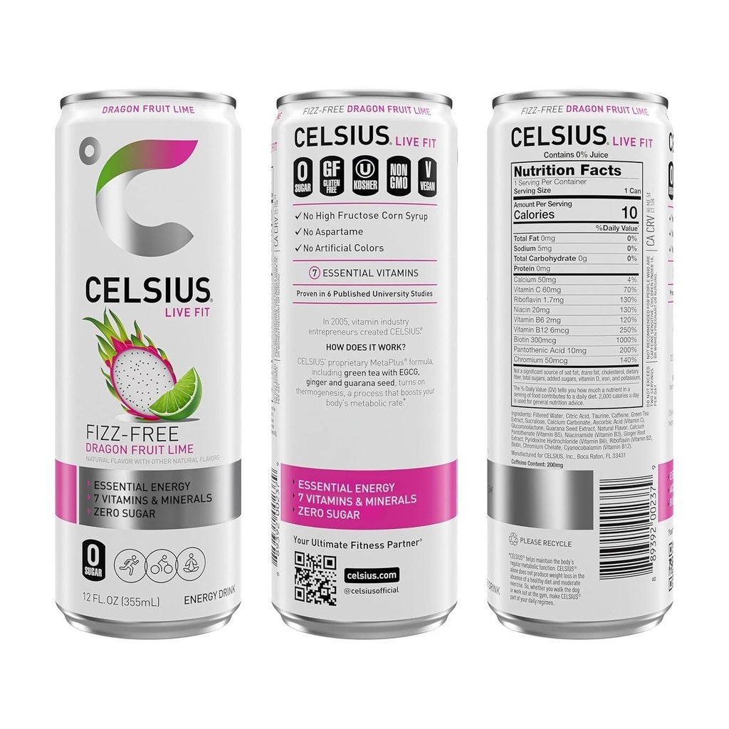 Sugar-Free Fizz Free Dragon Fruit Lime Drink - 200mg Caffeine, 12 Fl Oz X 12