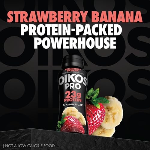 Oikos Pro Strawberry Banana Cultured Dairy Drink, 23 Grams of Protein, 0g Added Sugar, Just Delicious High Protein Snacks, 7 FL OZ Bottle