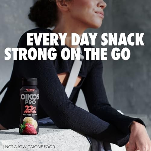 Oikos Pro Strawberry Banana Cultured Dairy Drink, 23 Grams of Protein, 0g Added Sugar, Just Delicious High Protein Snacks, 7 FL OZ Bottle