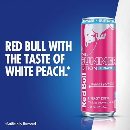 Red Bull Sugar-Free White Peach Summer Edition Energy Drink, with 114mg Caffeine Plus Taurine & B Vitamins, 12 Fl Oz Can