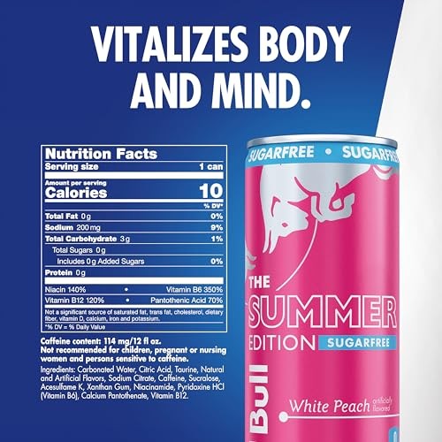 Red Bull Sugar-Free White Peach Summer Edition Energy Drink, with 114mg Caffeine Plus Taurine & B Vitamins, 12 Fl Oz Can