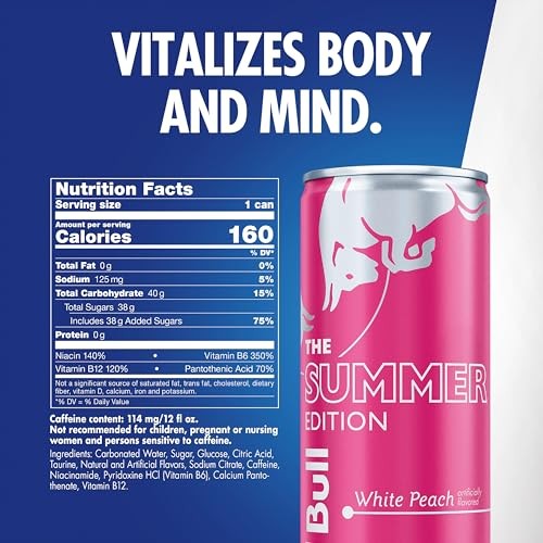 Red Bull White Peach Summer Edition Energy Drink, with 114mg Caffeine Plus Taurine & B Vitamins, 12 Fl Oz Can