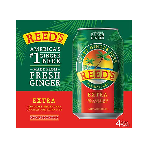 Reed S Extra Ginger Beer Non-GMO - 4 Aluminum Cans per 4 Pack Carton Liquids - Gluten Free - 48 Fl Oz.